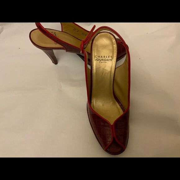 Charles Jourdan Red Alligator Print Peep Toe Heels  Size 5-1/2 M - Picture 5 of 10
